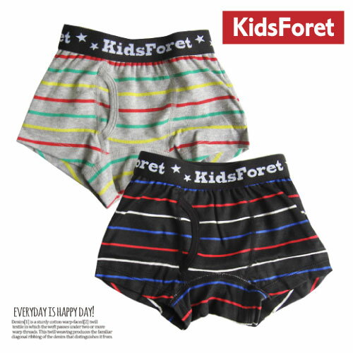 おしゃれなアイテムが人気の『KidsForet（キッズフォーレ）』の新商品♪ おしゃれなボーダー柄のボクサーパンツ！ 色違いで2枚セットです。 【サイズ】 100cm/110cm/120cm/130cm ◆在庫に関して サイズ(カラー)の選択部分に、「2-3日」と記載のある場合にはメーカーより取寄せとなります。 在庫があれば、2-3日で発送かのうですが、メーカーでも完売の場合にはキャンセルとなる場合がございますので、ご了承くださいませ。 ※イメージ違いや、サイズ間違い、 お客様のご都合による、返品交換は出来ませんので、あらかじめご注意くださいませ。 なお、他の商品にも同じようにみられる「仕様」についての、返品交換もお断りしております。 ■ご注意 モニターにより、色の見え方が実際の商品と異なることがございます。