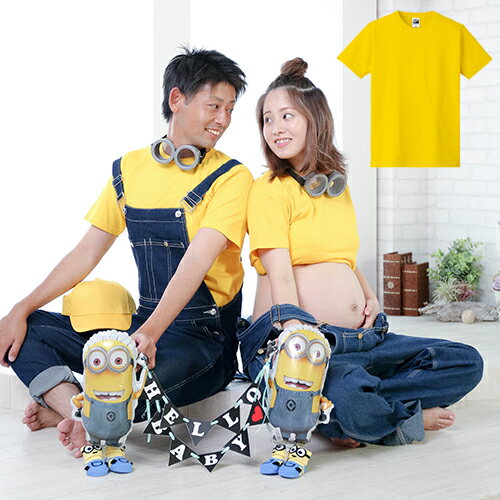 2枚セット【マタニティフォト】パパ＆ママ黄色いTシャツ[S-XXXL] 親子 ペアルック マタニティ　衣装　スカート　ビスチェ　シール　ワンピース　おしゃれ　かわいい　ブランド　授乳服　マタニティー　マタネティ ベビーシャワー　マミー　ダディー　ママ　パパ