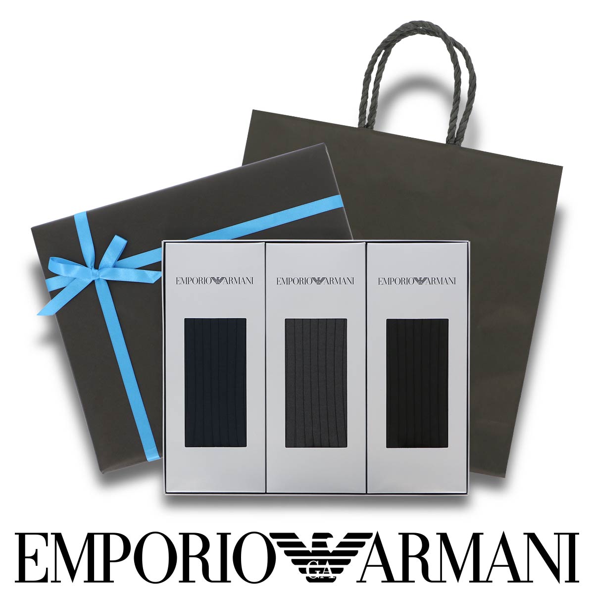 【送料無料】男性 プレゼント EMPORIO ARMANI エンポリオ アルマーニ ブランド靴下 3足セット 箱入りギフトセット 手提げ紙袋付き 日本製 オールシーズン用 クルー丈 メンズ ソックス 靴下 男性 メンズ プレゼント 贈答 ギフト 転勤 02492041（EA-3P-RB）giftset 父の日