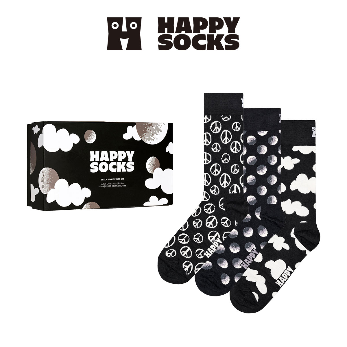 ハッピーソックス 靴下 レディース 【3足セット】Happy Socks ハッピーソックス Black & White ( ブラック アンド ホワイト ) 3-Pack Gift Set GIFT BOX 3足組 クルー丈 ソックス 靴下 ユニセックス メンズ ＆ レディース プレゼント 無料ラッピング ギフト 10240038