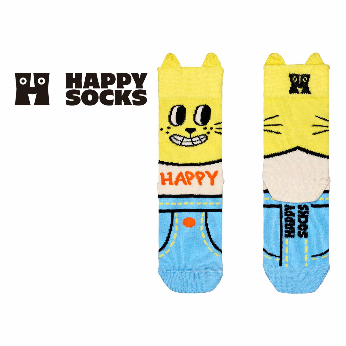 Happy Socks ハッピーソックス Kids Cat ( キャット ) 猫 子供 クルー丈 綿混 ソックス 靴下 KIDS ジュニア キッズ 1…