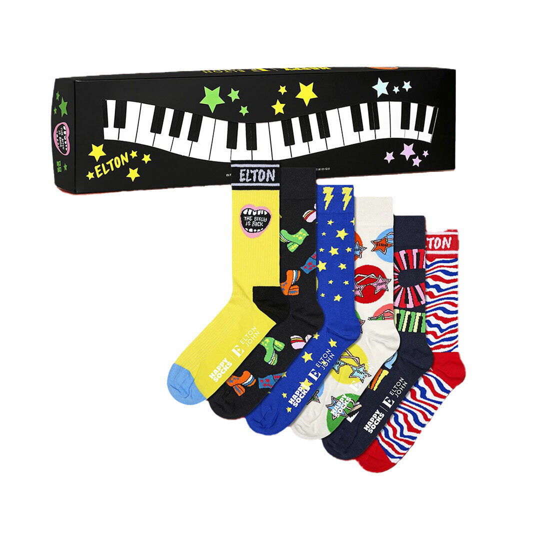 セール！30％OFF 【6足セット】Happy Socks ハッピーソックス【Limited】Happy Socks × Elton John ( エルトン ジョン ) 6-Pack Gift Set GIFT BOX コラボ 6足組 クルー丈 ソックス 靴下 ユニセックス メンズ ＆ レディース プレゼント 無料ラッピング ギフト 14243002