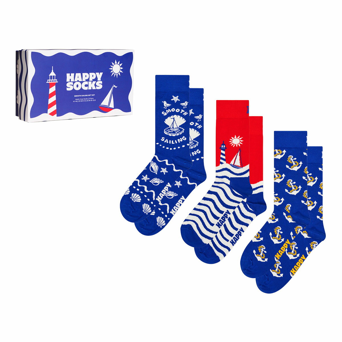 Happy Socks 3足セット 箱入り｜Smooth Sailing ( スムーズセイリング )【GIFT BOX】クルー丈 ソックス ユニセックス メンズ ＆ レディース プレゼント 無料ラッピング ギフト 10254010