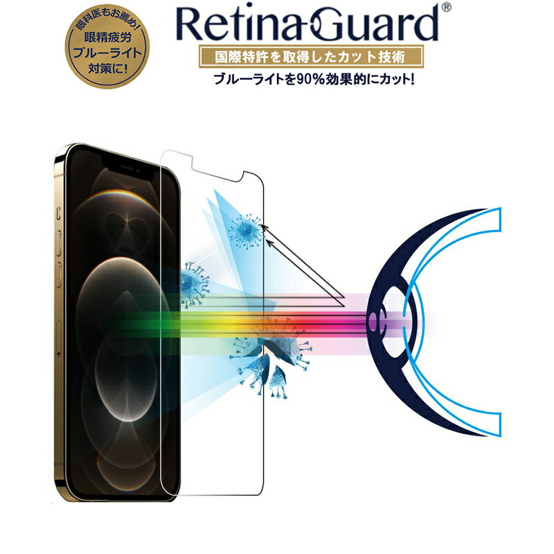 【クリアタイプ】RetinaGuard iPhone 12Pro Max ブルーライト90 カット 強化ガラスフィルム 国際特許 液晶保護フィルム 保護シート アイフォン 12 プロ マックス キズ防止 硬度9H 0.4mm 日本製ガラス 飛散防止 抗菌 ブルーライトカット フィルム