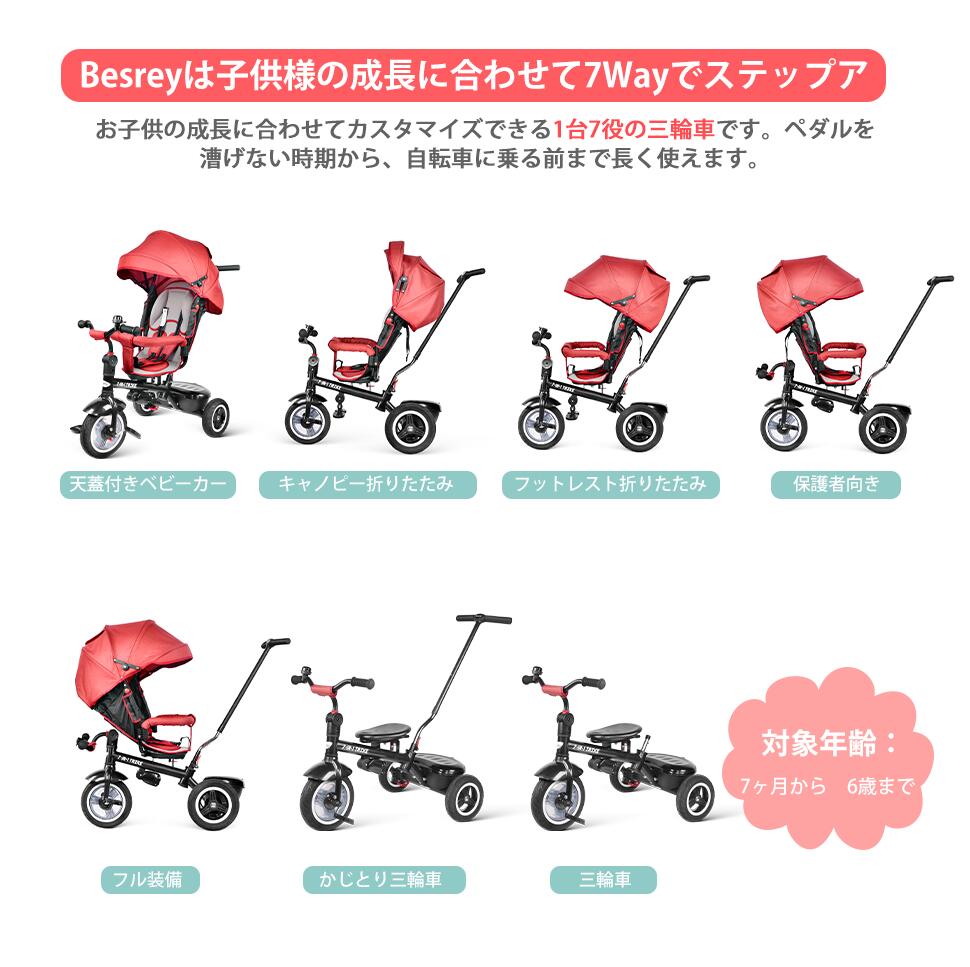 Besrey三輪車乗用玩具かじとり安全ベルト付き7in1三輪車サンシェード子供用乗り物キッズバイク手押し棒子供三輪車2色可選
