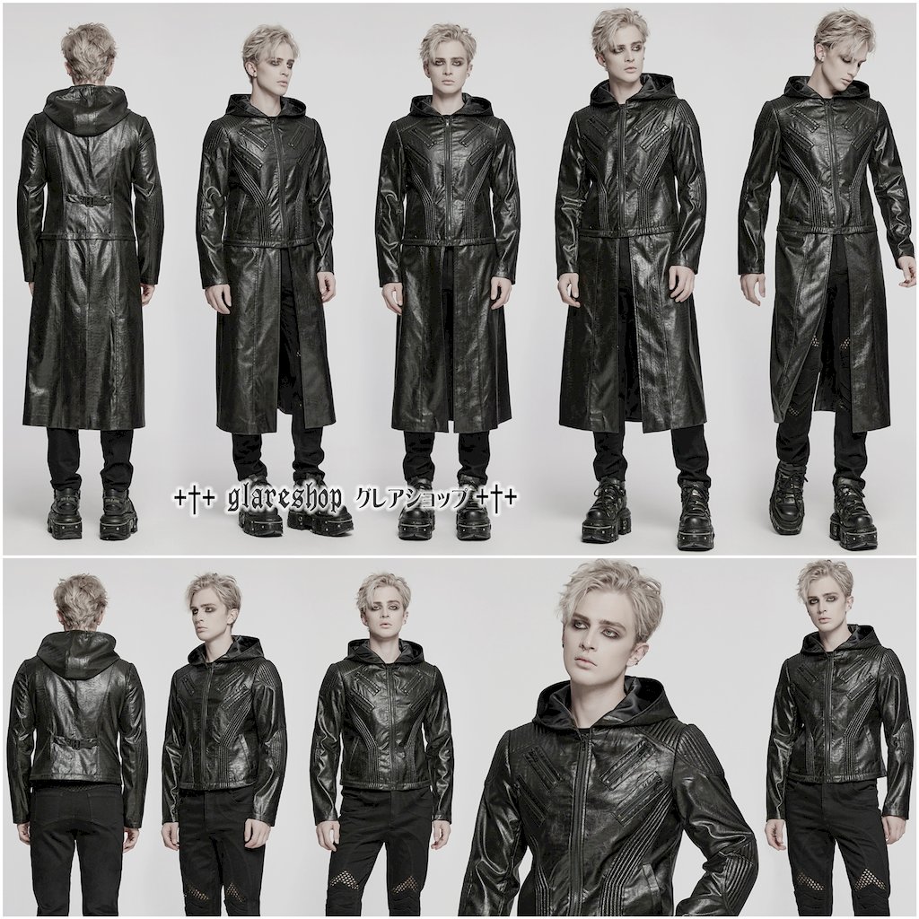 glareshop グレアショップ「M.S-M.5XL」JX988-B■パンク2WAyロングコートorジャケット 軍服 黒 ブラック メンズ | ヴィジュアル系 V系 コスプレ ステージ 衣装 服 [PUNK RAVE] Gothic Punk Detachable Hooded Leather Long Coat