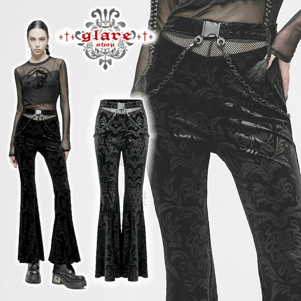 glareshop グレアショップ「XS-4XL」PX573-B■ゴスロリ ゴシック シースループリントベルベットロングフレアパンツ 黒 ブラック レディース | 地雷系 ヴィジュアル系 V系 モード系 コスプレ ステージ 衣装 服 [PUNK RAVE] Gothic Dark Printed Velvet Flared Pants