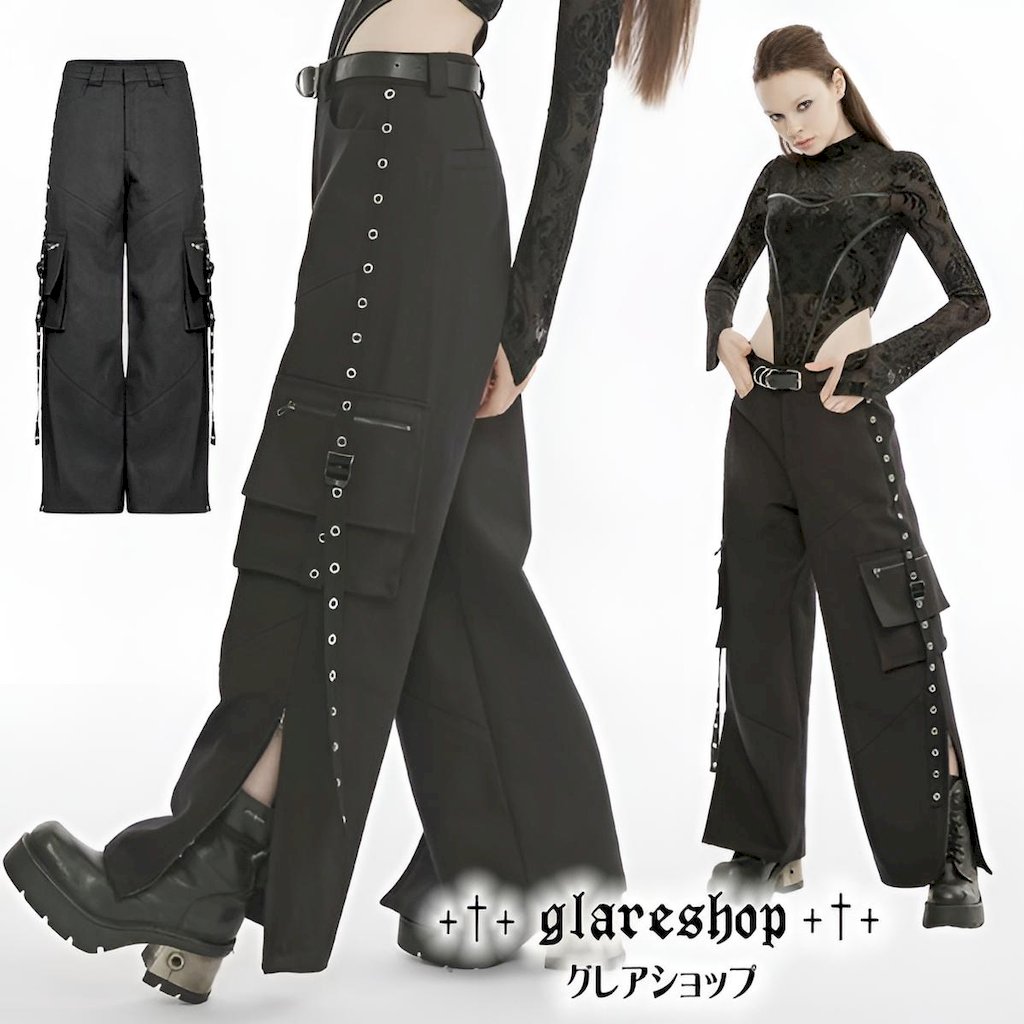 glareshop グレアショップ「XS-4XL」PX606-B■ゴシックパンク カーゴパンツ サイドジッパーロングパンツ ストレートパンツ 黒 レディース | ヴィジュアル系 V系 モード系 コスプレ ステージ 衣装 服 [PUNK RAVE] Punk Cargo Pants