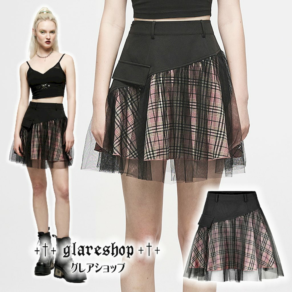 Rakuten - glareshop グレアショップ「XS-4XL」SX485-P■ゴスロリ ゴシックハイウエスト異素材チェック柄ミニスカート 黒×ピンク レディース | ヴィジュアル系 V系 モード系 コスプレ ステージ 衣装 服 [PUNK RAVE] Mesh panel plaid high waist short skirt