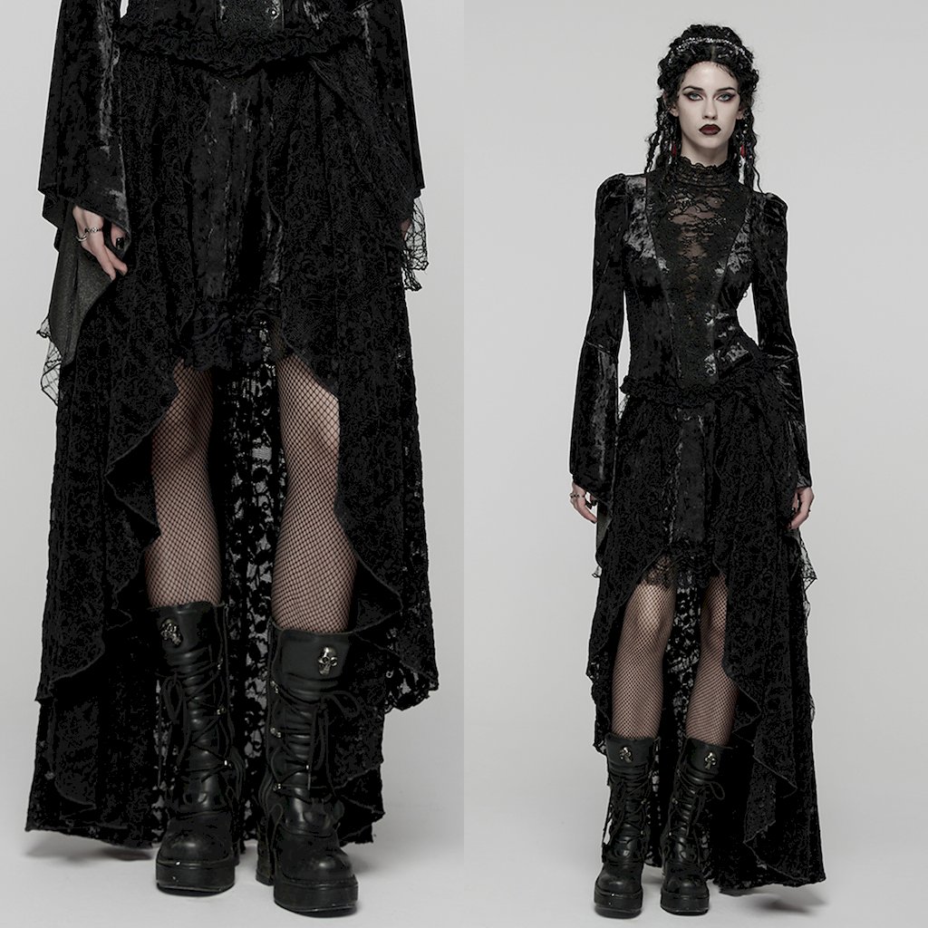 glareshop グレアショップ「XS-4XL」SX653-B■ゴシックスパイダーウェブメッシュレースハイロースカート 黒 ブラック レディース | 大人オシャレ シック 地雷系 [PUNK RAVE] Gothic Spider Web Mesh Lace High-Low Skirt