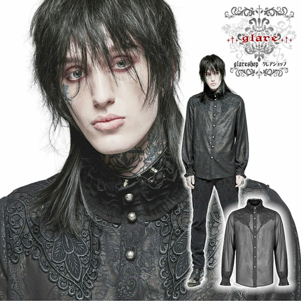 Rakuten - glareshop グレアショップ「M.S-M.5XL」TX1019-B■ゴスロリ ゴシック貴公子刺繍フリル襟シフォンプリント長袖シャツ 黒 メンズ | ヴィジュアル系 V系 モード系 コスプレ ステージ 衣装 服 [PUNK RAVE] Vintage Gothic Chiffon Jacquard Long Sleeve Shirt