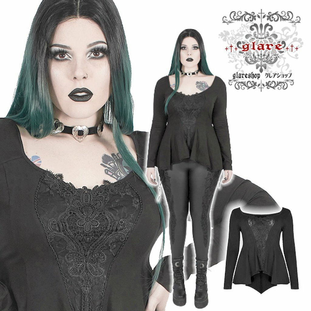 glareshop グレアショップ「XL/3XL/5XL」TX932-B■ゴスロリ 刺繍レースアップフィッシュテール長袖Tシャツ カットソー 黒 レディース | ゴシック ファッション ヴィジュアル系 ステージ 衣装 服 [PUNK RAVE] Gothic Lace Long Sleeve Irregular T-Shirt