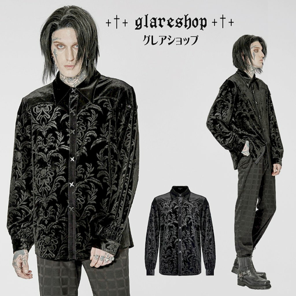 Rakuten - glareshop グレアショップ「M.S-M.5XL」TXA054-B■ゴシック 貴族 ベルベット シャツ ゴージャス プリント ブラウス 黒 メンズ | ヴィジュアル系 V系 モード系 コスプレ ステージ 衣装 服 [PUNK RAVE] Vintage Loose Gothic Print Long Sleeve Velvet Shirt