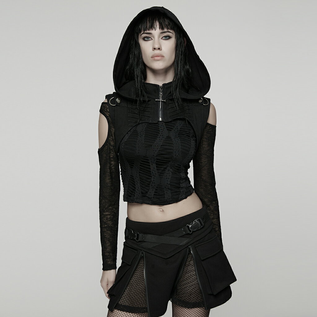 glareshop グレアショップ「XS-4XL」TXA421-B■ゴシックウェイストランドフード付きショートベストトップス 黒 レディース | 個性的 闇可愛い シック モード系 [PUNK RAVE] Gothic Wasteland Hooded Short Vest