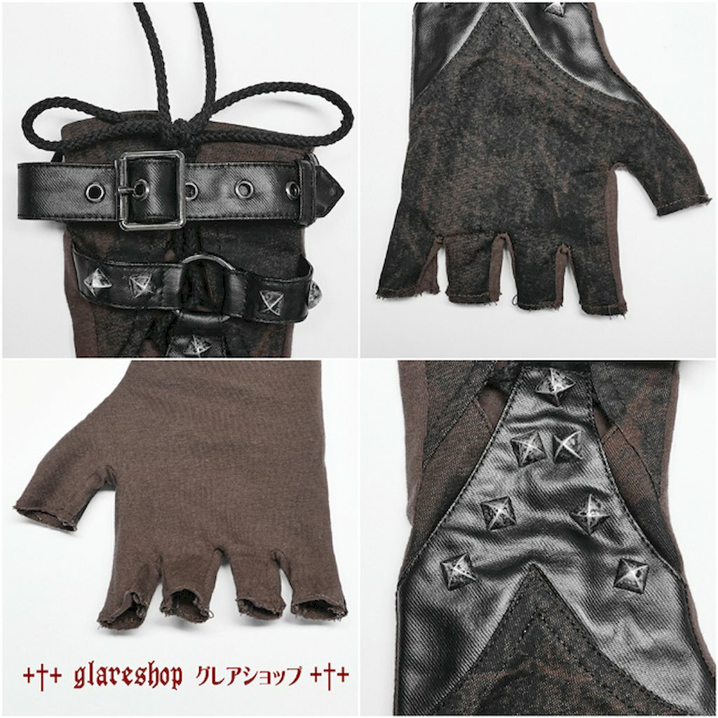 glareshop グレアショップ「M.L/M.3XL」Zt078-C■パンク ニット&プリントツイル 異素材 指なし手袋 ブラウン メンズ | ゴスロリ ファッション スチームパンク ヴィジュアル系 V系 サイバーパンク モード系 コスプレ ステージ 衣装 服 [PUNK RAVE] Punk gloves