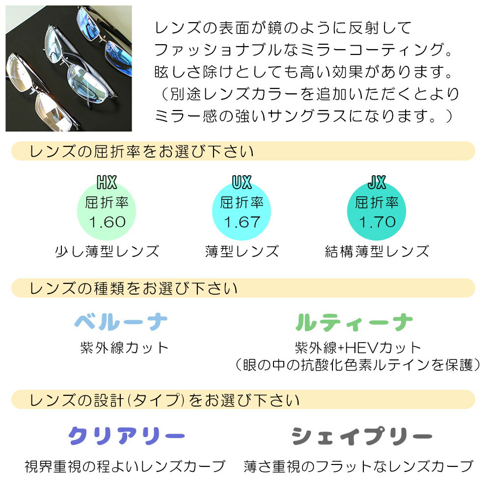 【メガネレンズ交換】両面非球面東海光学 ベルーナ/ルティーナ HX-MU/UX-MU/JX-MU ライトミラーコートTOKAI BELNA/LUTINA MU Light Mirror