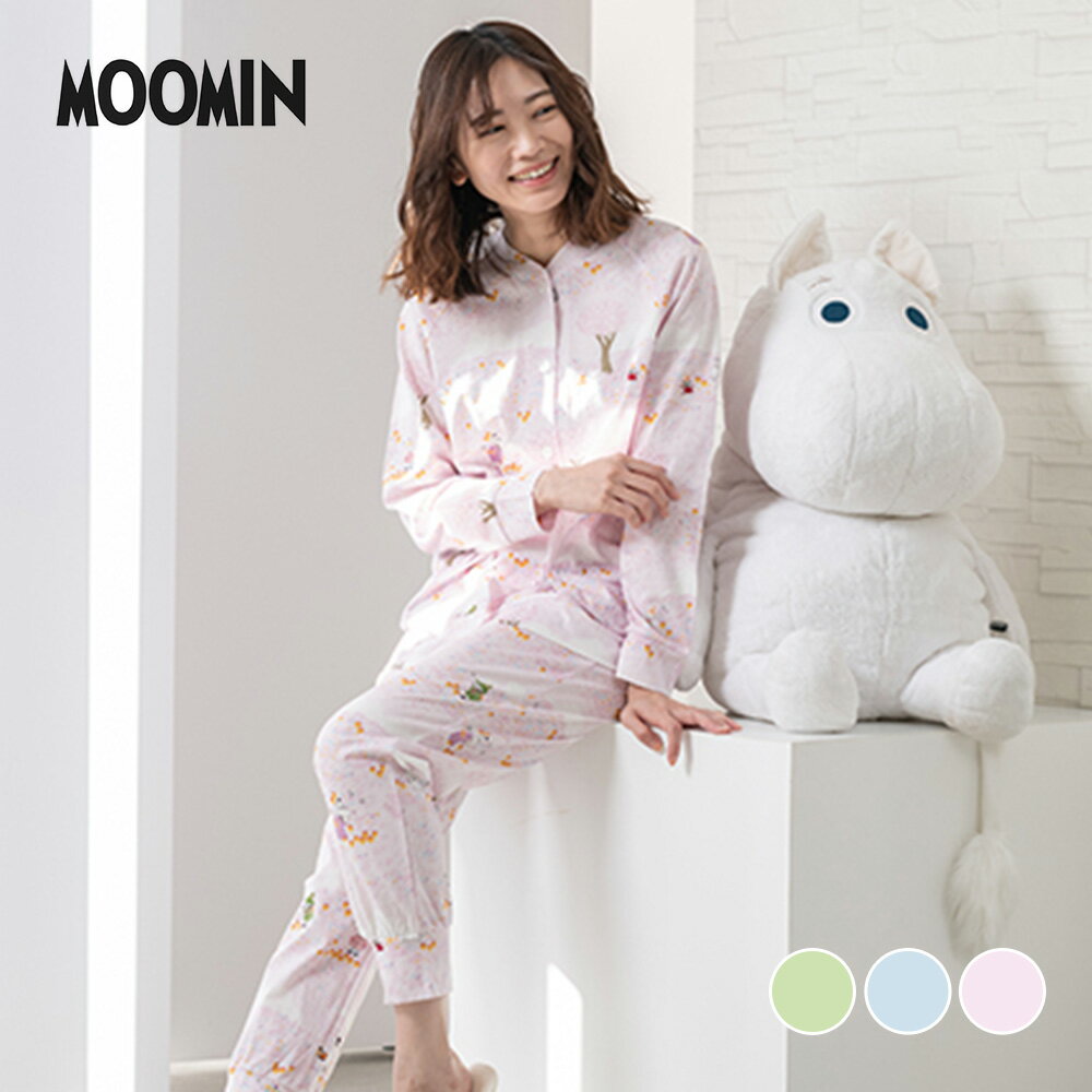 MOOMIN/ムーミン 【Amour アムール】×【MOOMIN ムーミン】 天竺プリント 草原レディースパジャマ ルームウェア 上下セット 長袖 長ズボン 前開き コットン 綿100 天竺プリント 送料無料