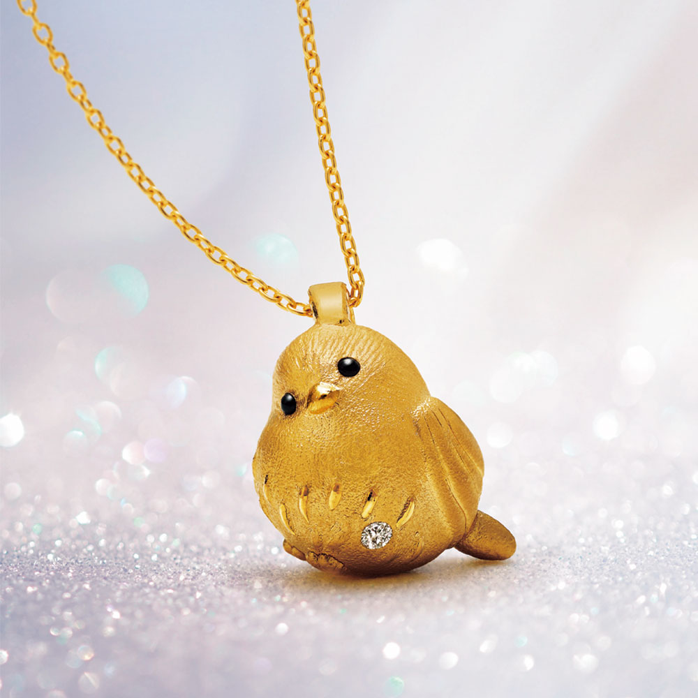 Rakuten - 雪の妖精 純金のシマエナガ ダイヤモンド入り 24金製宝飾ペンダント 宝飾純金 ペンダント ネックレス 純金 シマエナガ 日本製[送料無料]