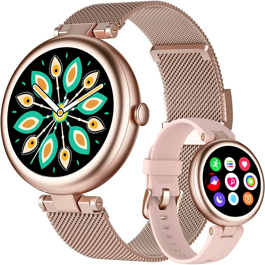 楽天Gokuri楽天市場店スマートウォッチ レディース 丸型 小さめ 腕時計 女性用 Smart Watch Women 1.09インチ高精細画面 LINE/Ins/Twitter 着信通知 24時間 心拍数 睡眠モニター 目覚まし時計 女子生理サイクル記録 多種類運動モード IP68防水 文字盤自由設定 iPhone/Android対応 誕生日ギフト