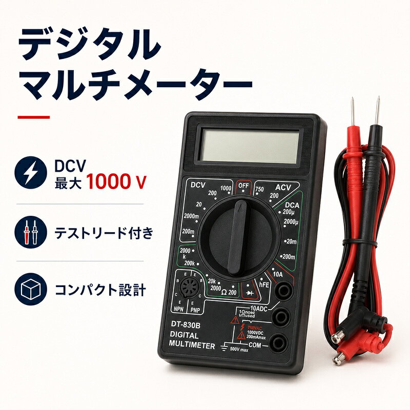 電圧・電流・抵抗の測定に対応したデジタルマルチテスターです。 デジタル表示で測定値を確認しやすく、電気配線や電子機器のチェックに便利です。 DC電圧は最大1000Vまで測定でき、幅広い電圧測定に対応しています。 家庭での電気機器の確認から、自動車の電装系、電子工作、DIYなどさまざまな用途にご使用いただけます。 電圧・電流・抵抗を1台で測定できるため、配線や回路の確認用として便利です。 コンパクトなデジタルテスターなので、作業時の持ち運びや収納にも適しています。 【商品仕様】 ・商品：デジタルマルチテスター ・タイプ：デジタル式 ・DC電圧：最大1000V ・測定項目：電圧・電流・抵抗 ・用途：電気測定、配線確認、電子工作、DIYなど 【使用例】 ・電気配線の電圧確認 ・バッテリーや電源のチェック ・電子機器の回路確認 ・自動車の電装系チェック ・電子工作やDIYでの測定 【ご注意】 測定する対象や回路に適した測定レンジを選択してご使用ください。 測定前にテストリードの接続状態と測定モードを必ずご確認ください。 最大測定範囲を超える電圧・電流を測定しないでください。 誤った使用や接続は、商品の故障や事故につながるおそれがありますので十分ご注意ください。 電気設備などの測定を行う場合は、必要な知識・資格を持った方が安全を確認したうえでご使用ください。