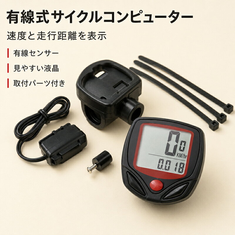 自転車の走行データを確認できる、デジタル表示タイプのサイクルコンピューターです。 速度、走行距離、積算距離などを見やすく表示します。 シンプルな操作で使いやすく、日常のサイクリングやトレーニングの記録に便利です。 コンパクトな本体で、ハンドル周りにも取り付けやすい設計です。 電池付きなので、準備後すぐに使用できます。 【表示機能】 速度表示 走行距離表示 積算距離表示 【商品仕様】 商品名：自転車用サイクルコンピューター タイプ：デジタル表示式 電源：電池式 付属品：本体、センサー、取付用パーツ、電池など 用途：自転車の速度・走行距離などの確認 ※自転車の種類や取り付け位置によっては、正しく計測できない場合があります。 ※ご使用前に各パーツをしっかり固定し、センサーと本体の位置をご確認ください。 ※走行中の操作は避け、安全を確認してご使用ください。 ※電池は消耗品のため、使用状況によって交換が必要になる場合があります。 ※商品画像と実際の色味が多少異なる場合があります。