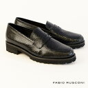 SALE 残りわずか FABIO RUSCONI ファビオルスコーニ パイソン レザー ローファー レディース 子山羊革型押(PRINTED KID LEATHER) PITONE NERO F-4965大きいサイズ 厚底ローファー ブラック 黒 ぺたんこ フラットシューズ ラバーソール 入学式 入園式 fabio rusconi