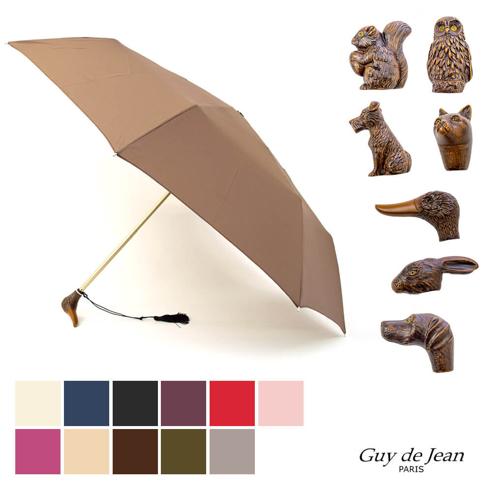 Guy de Jean ギ・ド・ジャン 折りたたみ傘 晴雨兼用 日傘 レディース 102147 どうぶつシリーズ LAPIN(うさぎ) CANARD(カモ) CHAT(ねこ) CHOUETTE(フクロウ) ECUREUIL(リス) SCOTTISH(スコティッシュ) CHAT(ねこ) CHIEN(グレーハウンド)アニマルヘッド 木彫り風