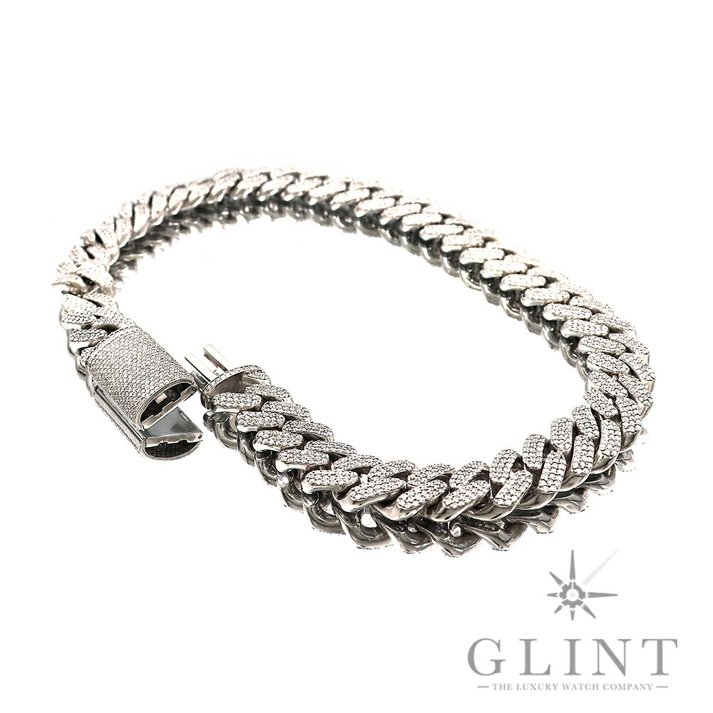 マイアミ キューバンリンク ネックレスチェーン サイズ約53cm/幅約1.75cm〔14Kホワイトゴールド〕〔ダイヤモンド〕【中古】