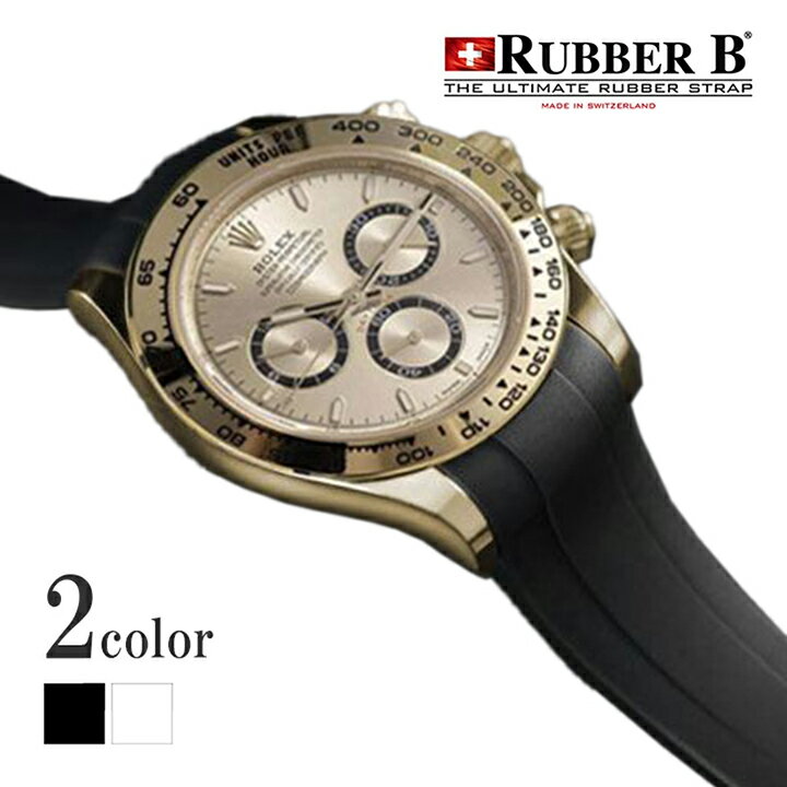 バンドの長さ： 14cm〜20cm 素材： 最高級ラバー 製造： ROLEXの製造国であるスイスで作られています。 適合モデル： デイトナ オイスターブレス ステンレス / イエローゴールド / コンビ（126503 / 126508） ラバーベルト取付方法 ご自身でのお取付けにご不安がある場合は、当店で加工やお取付けも承っておりますので、お気軽にお問い合わせください。 メンテナンス 汗や雨で濡れたり、海やプールで使用した場合は真水でストラップを洗い、柔らかな布で拭き取って下さい。スポーツ後の過度の発汗の後には、必ずぬるま湯と中性洗剤（ボディソープなど）を使用してストラップを洗って下さい。※除光液など強い溶剤を使用すると劣化の原因となります。 ROLEX専用に製作されていますので、他メーカーのラバーベルトとは比べられない程のフィット感です。ラバービー【RUBBER B】はスイス本国では有名な最高級ラバーベルトブランドで、日本では当店が唯一の正規代理店です。ラバーの素材は、損傷に対して優れた抵抗性を持つ加硫ゴム使用しており、変形や引き裂けにも強く、表面のコーティングを行わず、純粋な加硫ゴムのみで製造しているため、快適な装着感を体験していただけます。 ※こちらの商品はロレックス デイトナ オイスターブレス ステンレス / イエローゴールド / コンビ（126503 / 126508）にお取り付け可能なラバーベルトになります。 それ以外のデイトナに適合するモデルは別で出品しておりますので下記リンク、または当店の公式ホームページにてご確認ください。 ▼純正バックルタイプはこちら ▼その他のデイトナのラバーBはこちら ▼その他のROLEXのラバーBはこちら ▼ROLEXのお時計はこちら 人と被らずに自分だけのオリジナリティーを演出したい方にオススメです！！ ※ご購入前にお持ちのデイトナの型番をご確認いただき、ご不明な場合はお気軽にお問い合わせください。 お電話でのお問い合わせが一番スムーズになります。（03-6427-3101） ※また、こちらの商品は尾錠付きのモデルとなり、純正バックルを使わないモデルとなります。※時計は付属致しません。 お問い合わせ： （電話）03-6427-3101世界トップクラスの耐久性・柔軟性を誇るスイスメイドの最高級ラバーベルトブランド【RUBBERB/ラバービー】 こちらの商品はROLEX デイトナ オイスターブレス ステンレス / イエローゴールド / コンビ（126503 / 126508）専用のラバーベルトとなります。 それ以外のデイトナには適合いたしませんのでご注意ください。 ※また、こちらの商品は尾錠付きのモデルとなり、純正バックルを使わないモデルとなります。※時計は付属致しません。