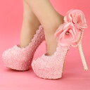 パンプス ピンヒール パーティーシューズ 3Dデコフラワーレース薔薇揺れるパールビジュー 靴 ピンク お嬢様 姫 女優 セレブ グリッタードレス 結婚式 パーテ...