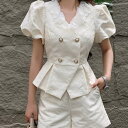 パンツセットアップ Vネック 襟 レース フリル パール パフスリーブ 半袖 ジャケット ショートパンツ スーツ ベージュ 生成 セットアップ お嬢様 大きいサイズ 上品 着痩せ 小顔 おしゃれ カジュアル 結婚式 レディース フォーマル 体型カバー きれいめ 大人 お呼ばれ