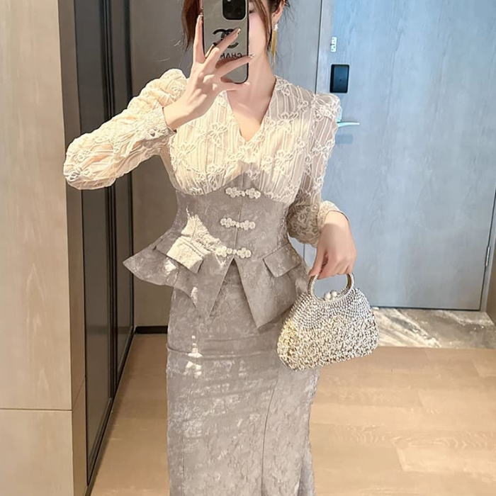 セットアップ レディース スカート Vネック レース ビーズ パフスリーブ 長袖 トップス マーメイド ロング ベージュ 生成 上品 きれいめ 可愛い 服 韓国 オシャレ 春夏 スーツ おしゃれ かわいい オフィス 結婚式 お呼ばれ 二次会 フォーマル