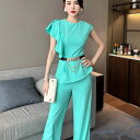 セットアップ パンツ レディース アシンメトリー フリル チェーン ベルト 半袖 トップス ハイウエスト ロングパンツ スーツ セットアップ グリーン 緑 上品 きれいめ 可愛い 服 韓国 春夏 スーツ おしゃれ かわいい オフィス 結婚式 お呼ばれ