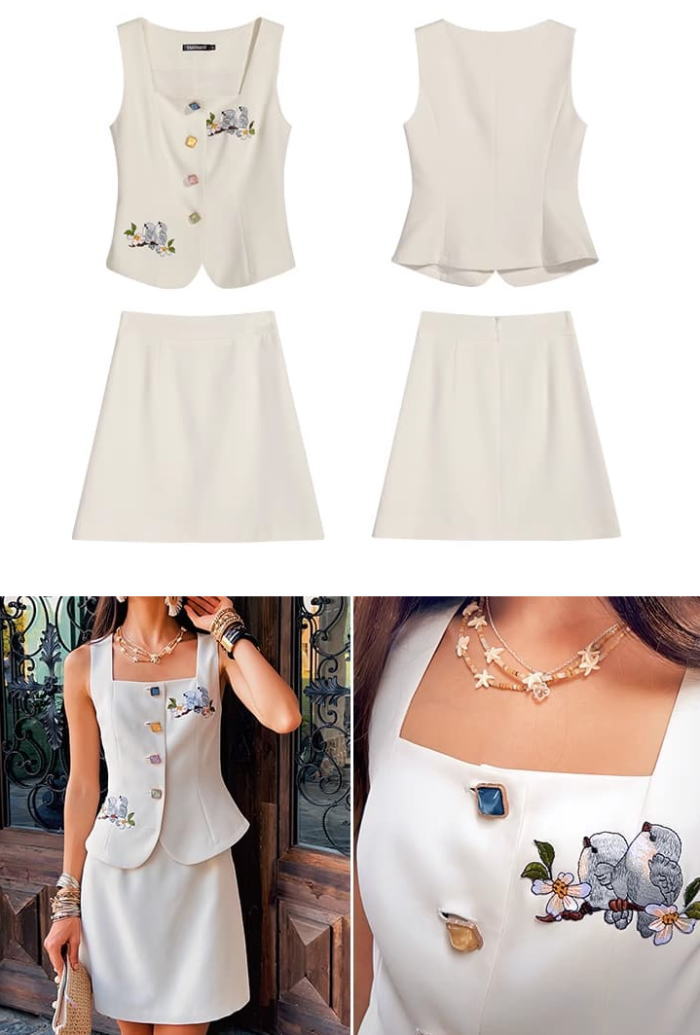 スカートセットアップ 花 鳥 刺繍 ビジュー ボタン ノースリーブ ハイウエスト フレア ミニ スカート スーツ ホワイト 白 セットアップ お嬢様 大きいサイズ 上品 着痩せ 小顔 おしゃれ カジュアル 結婚式 レディース フォーマル 体型カバー きれいめ 大人 お呼ばれ