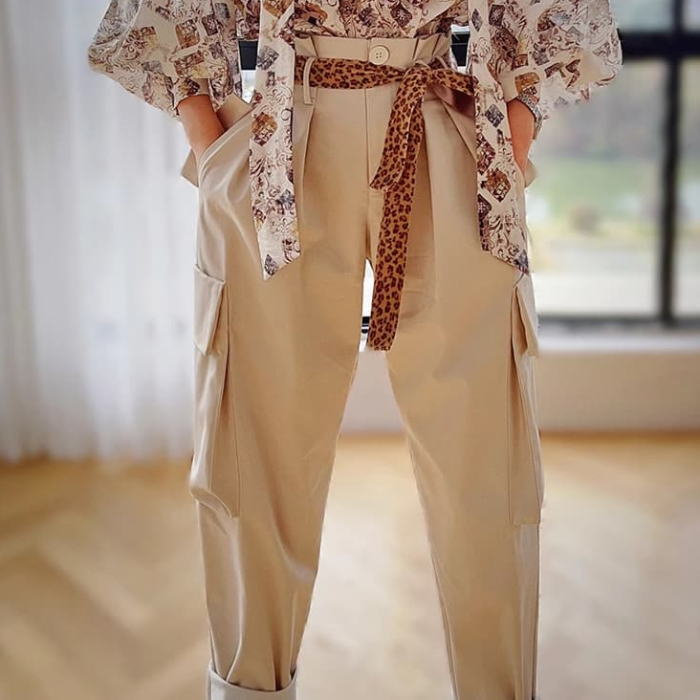 ロングパンツ ハイウエスト ヒョウ柄 リボン カーゴ ロングパンツ ベージュ 生成 お嬢様 女優 オシャレ 上品 きれいめ 着痩せ 小顔 おしゃれ カジュアル 結婚式 レディース フォーマル 体型カバー きれいめ 大人 お呼ばれ