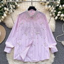 長袖 トップス 襟 ストライプ柄 レース ビジュー パール リボン ブラウス 青 お嬢様 上品 オシャレ 女優 きれいめ 着痩せ 小顔 おしゃれ カジュアル 結婚式 レディース フォーマル 体型カバー 大人 お呼ばれ