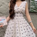 ワンピース 花柄 Vネック シフォン シャーリング ノースリーブ Aライン ミニ ベージュ 生成 上品 きれいめ 大きいサイズ オシャレ 20代 30代 40代 50代 着痩せ 小顔 結婚式 レディース フォーマル 体型カバー 大人