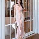 レディース vネック ワンピース 花柄 レース フリル 半袖 マーメイドライン ロング ワンピース ドレス ピンク 可愛い 服 韓国 上品 きれいめ 大きい 20代 30代 40代 50代 フォーマル リゾート おしゃれ オフィス かわいい 結婚式 清楚