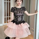 ワンピース レディース きれいめ 春 夏 チュール レース ビーズ フリル パフスリーブ 半袖 Aライン ミニ ドレス ピンク ブラック 黒 可愛い 服 韓国 上品 大きい フォーマル おしゃれ オフィス かわいい 結婚式 清楚