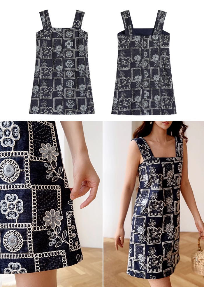 ワンピース デニム 花 刺繍 スパンコール キャミソール Aライン ミニ ネイビー 紺色 上品 きれいめ 大きいサイズ オシャレ 20代 30代 40代 50代 着痩せ 小顔 結婚式 レディース フォーマル 体型カバー 大人
