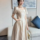 ワンピース レディース 春 きれいめ シワ加工 パール 背中開き パフスリーブ 半袖 Aライン ロング ワンピース レディース 春 きれいめ ドレス ベージュ 生成 可愛い 服 韓国 上品 大きい フォーマル おしゃれ オフィス かわいい 結婚式 清楚(4)
