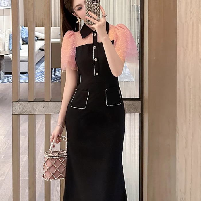 ワンピース レディース 春 きれいめ 襟 チュール ラインストーン 半袖 マーメイドライン ミモレ 