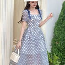 ワンピース レディース きれいめ 春 夏 ドット柄 水玉 リボン パフスリーブ 半袖 Aライン ミモレ ドレス ブルー 青 可愛い 服 韓国 上品 大きい フォーマル おしゃれ オフィス かわいい 結婚式 清楚