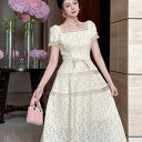 レディース ワンピース チュール レース リボン パフスリーブ 半袖 Aライン ミモレ ワンピース ドレス ベージュ 生成 可愛い 服 韓国 上品 きれいめ 大...