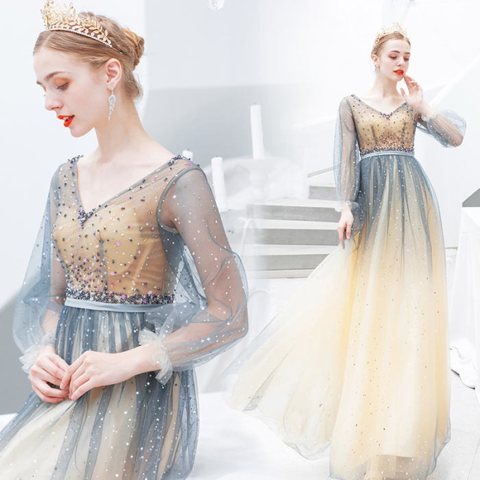 【ANGEL】 カラードレス Vネック グラデーションチュール ビーズ 長袖付き 背中編上げ Aライン ロングドレス 高品質 ブルー 青 ベージュ 生成 ロングドレス パーティードレス グリッタードレス 20代 30代 40代 ウエディング 二次会 謝恩会