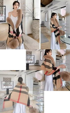 フォックスファーストール フォックスファー チェック柄 大判 カシミヤ カシミア ストール キャメル グレー ブルー ピンク ポンチョ ショール ファー ボリューム 大人 きれいめ セレブ レディース