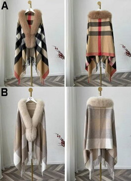 フォックスファーストール フォックスファー チェック柄 大判 カシミヤ カシミア ストール キャメル グレー ブルー ピンク ポンチョ ショール ファー ボリューム 大人 きれいめ セレブ レディース