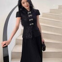 レディース ワンピース ツイード スパンコール リボン ラインストーン シフォン プリーツ 半袖 Aライン ロング ワンピース ドレス ブラック 黒 可愛い 服 韓国 上品 きれいめ 大きい フォーマル おしゃれ オフィス かわいい 結婚式 清楚