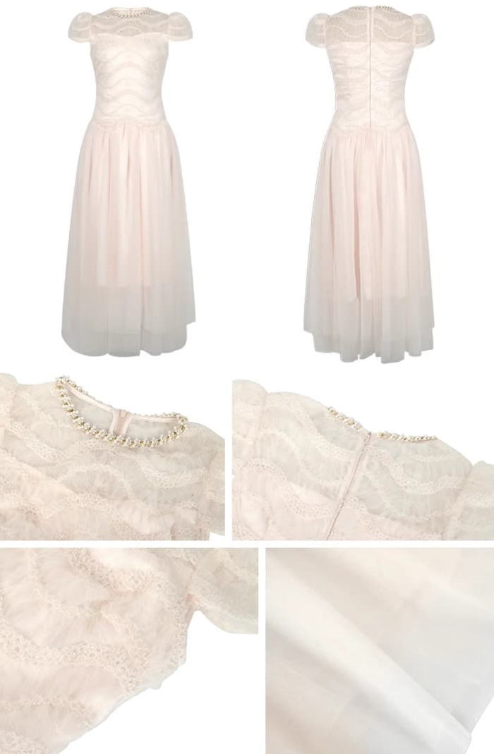 ワンピース レディース きれいめ チュール パール ふんわり パフスリーブ 半袖 Aライン ロング ワンピース ドレス ベージュ 生成 可愛い 服 韓国 上品 大きい フォーマル おしゃれ オフィス かわいい 結婚式 清楚 オシャレ 大人 お呼ばれ