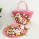 かごバッグ 麦わら帽子 セット ピンク フラワー バラ 薔薇 花 お花 カゴバッグ 帽子 ストローハット ハット レディース 籠 バッグ リゾート かばん オシャレ(4)